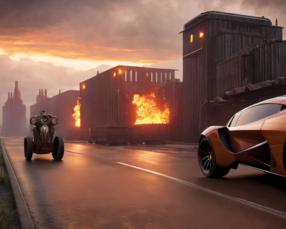 Futuristic orange car racing old-fashioned car near burning structure & sunset sky