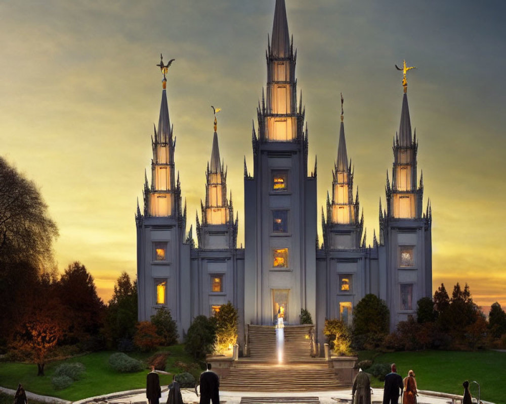 Majestic temple with spires at sunset, people in formal attire approaching entrance.