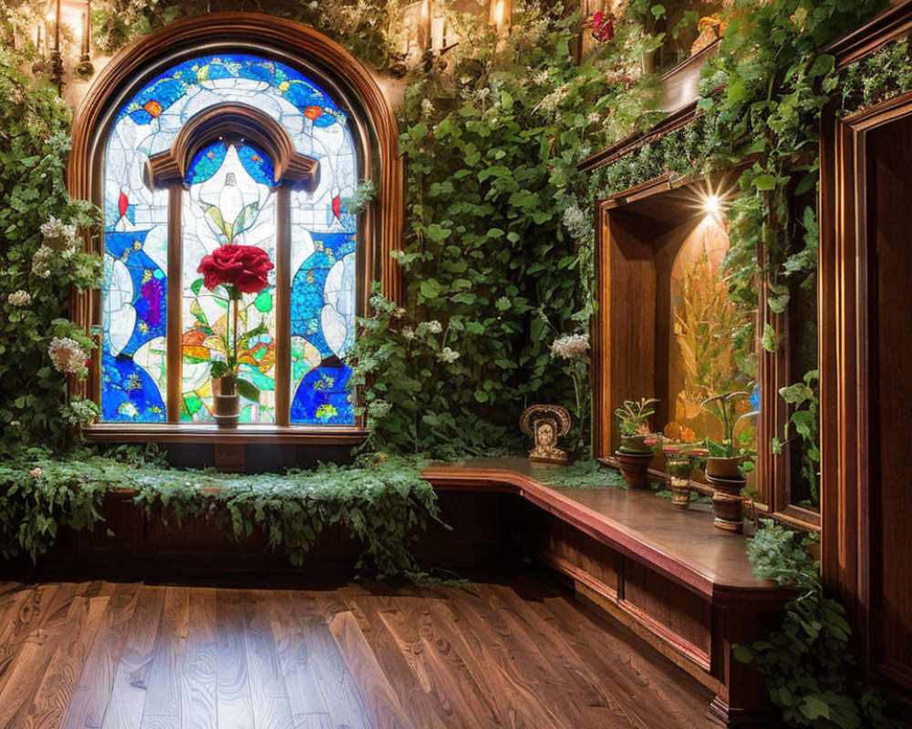 Wooden Interior with Stained Glass Window and Red Flower Bouquet