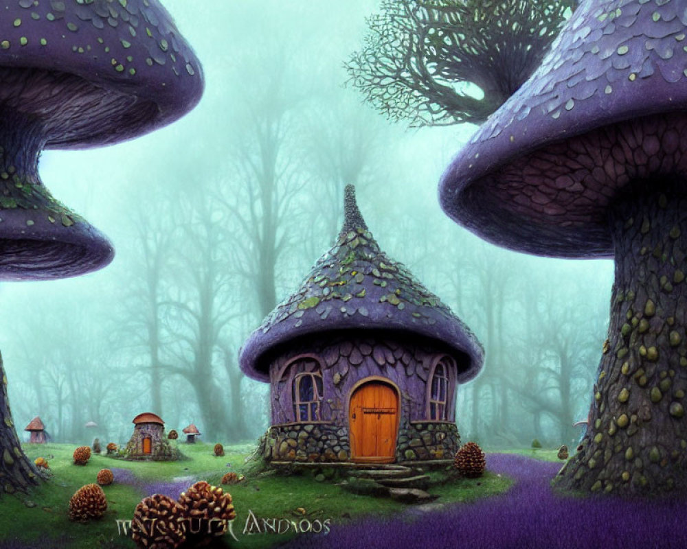 Illustration of Mushroom-Shaped House in Purple Forest