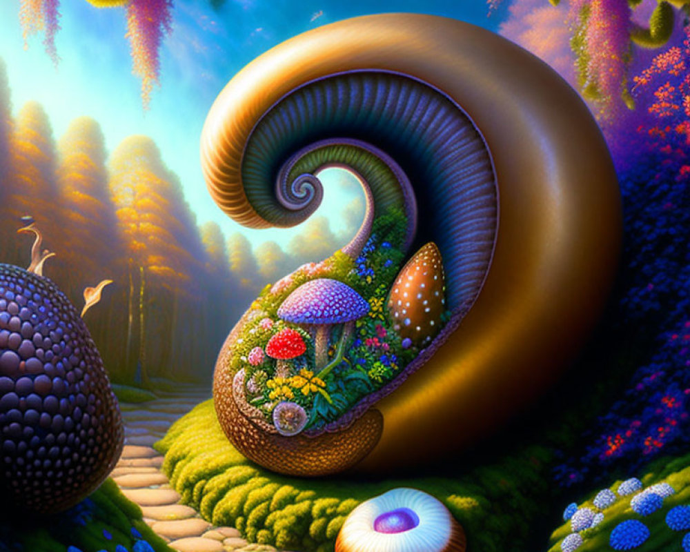 Golden spiral structure in surreal landscape with vibrant foliage and floating islands