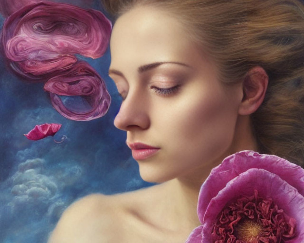 Serene woman surrounded by floating pink roses on blue cloudy backdrop