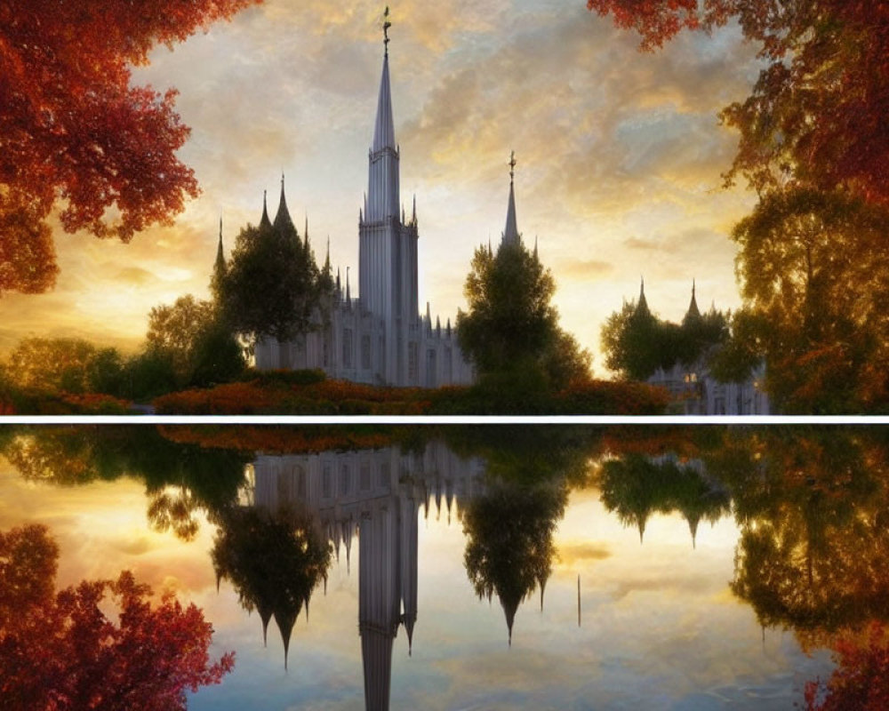 White spired church reflected in still water surrounded by autumn trees under soft sunset sky