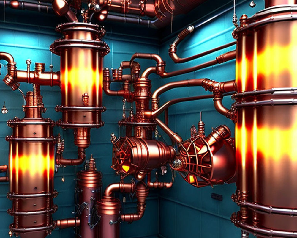 Futuristic 3D Machinery with Glowing Cylinders in Blue Room