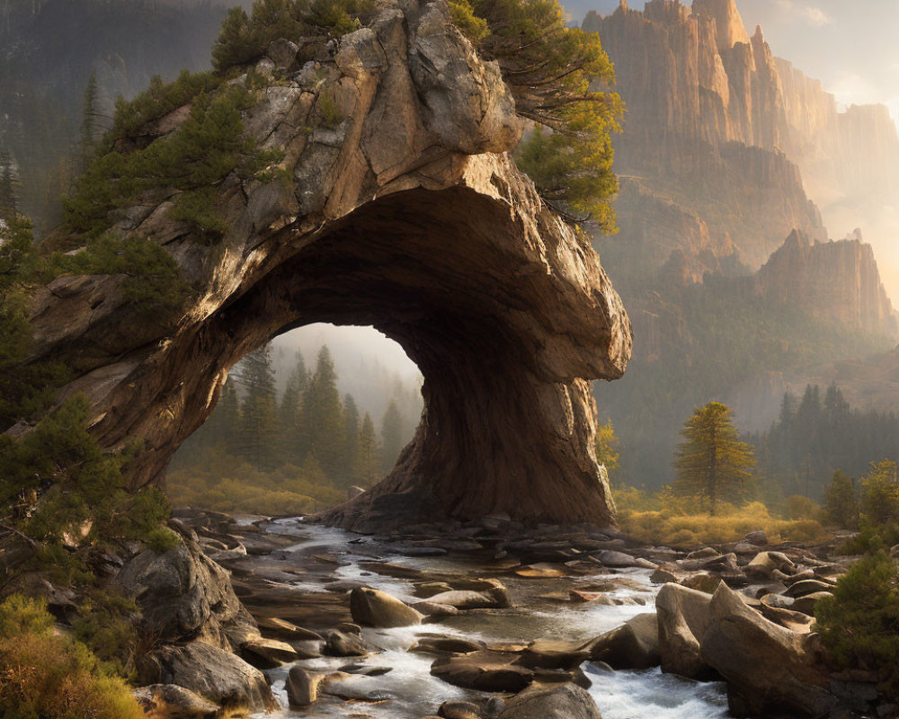 Scenic natural stone arch over stream with mountain range and forest landscape