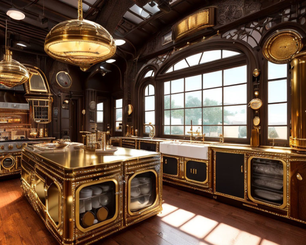 Steampunk-themed Kitchen with Brass and Black Cabinetry