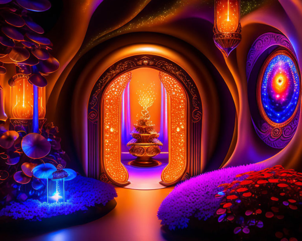 Fantastical glowing room with neon mushrooms, luminous doorway, and luxurious seating