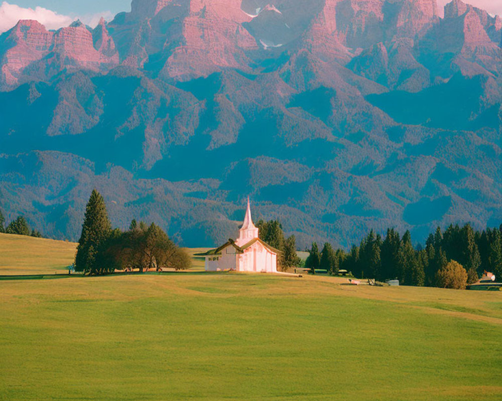 Quaint church in green field with mountains under blue sky