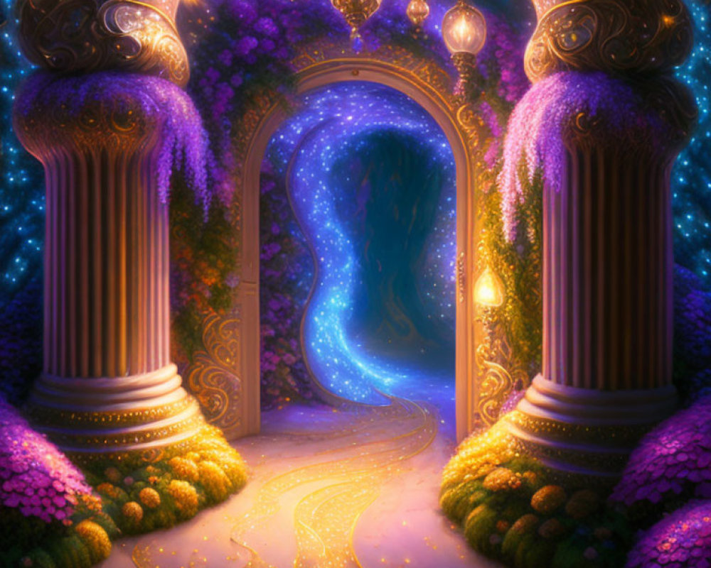 Ornate pillars and purple blooms framing mystical archway in cosmic scene