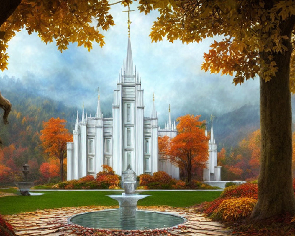 Majestic white temple in serene autumnal setting