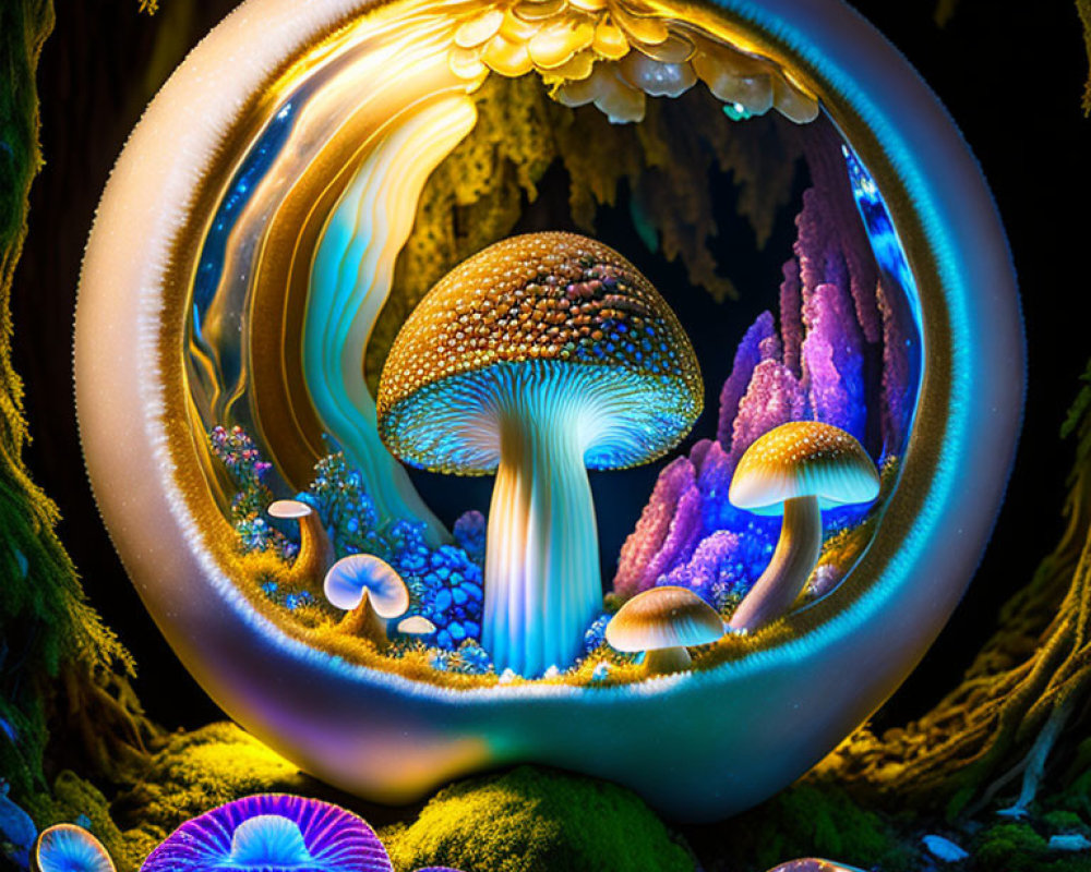 Colorful glowing mushroom ecosystem in circular frame on dark forest background