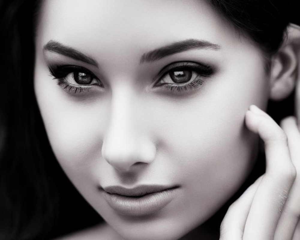 Portrait of woman with dark hair and captivating eyes in monochrome.