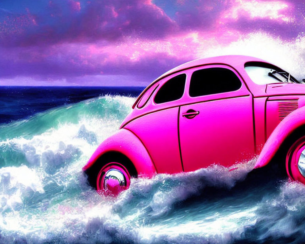 Pink Volkswagen Beetle surfing on ocean waves under purple sky