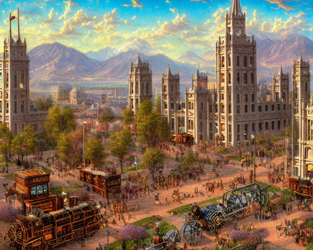 Historical city scene with trains, carriages, crowds, ornate buildings, and mountains