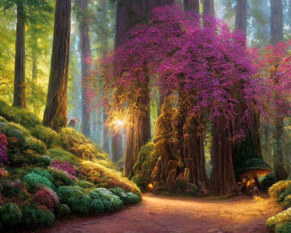 Majestic forest path with purple flowers and redwoods in warm sunlight