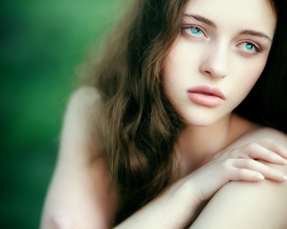 Woman with Wavy Hair and Striking Blue Eyes Gazing Thoughtfully