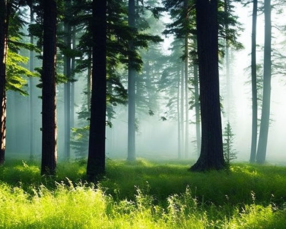 Misty forest with tall trees and vibrant green undergrowth in sunlight