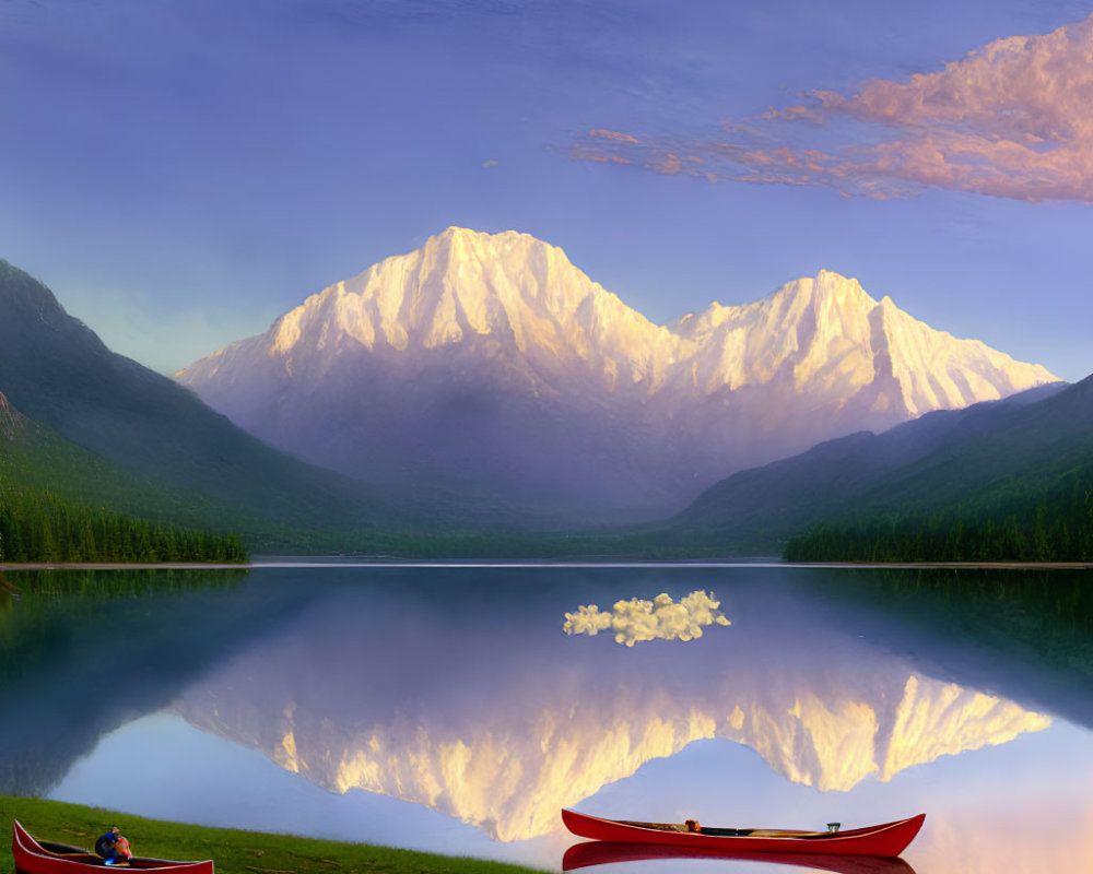 Relaxing person in red hammock by calm lake with snow-capped mountains at dusk