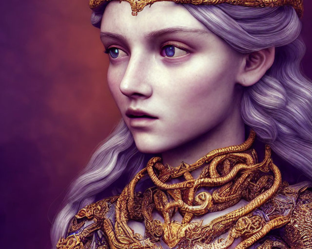 Regal woman with pale skin in golden crown and armor