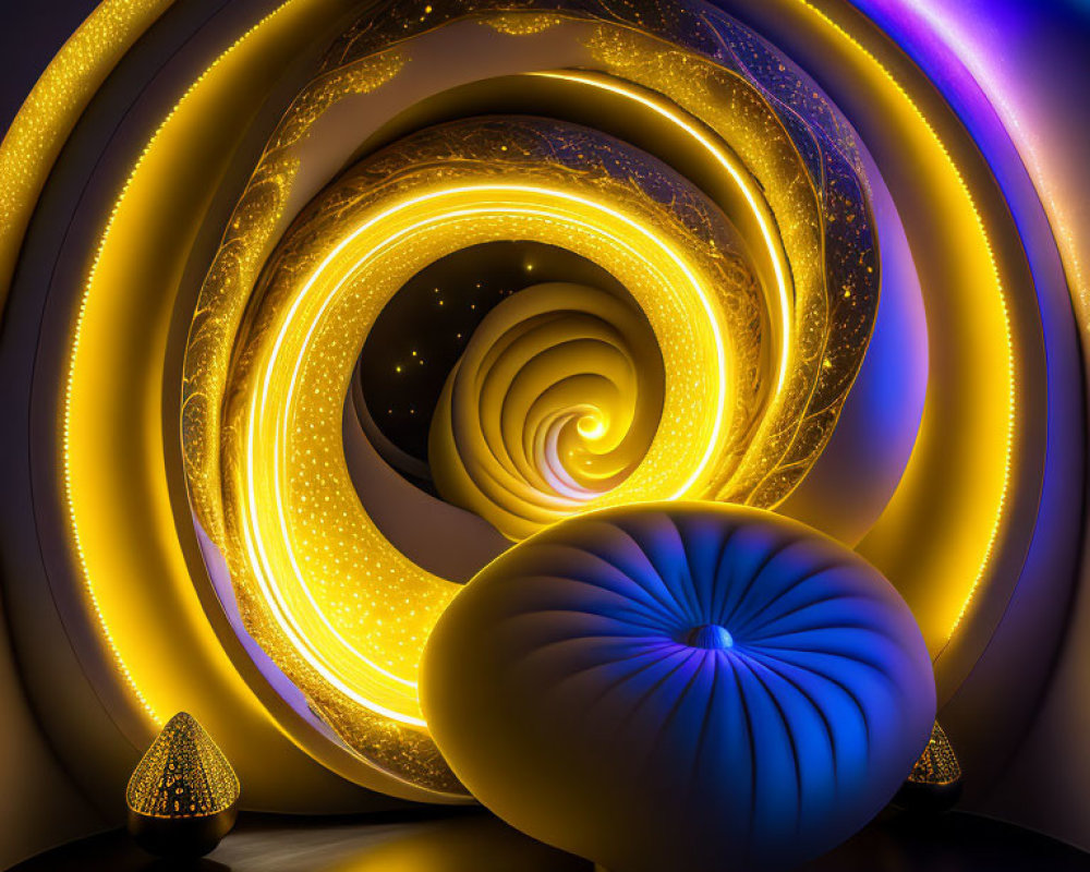 Golden and Blue-Purple Spiral Fractal Art with White Seat in Mystical Setting