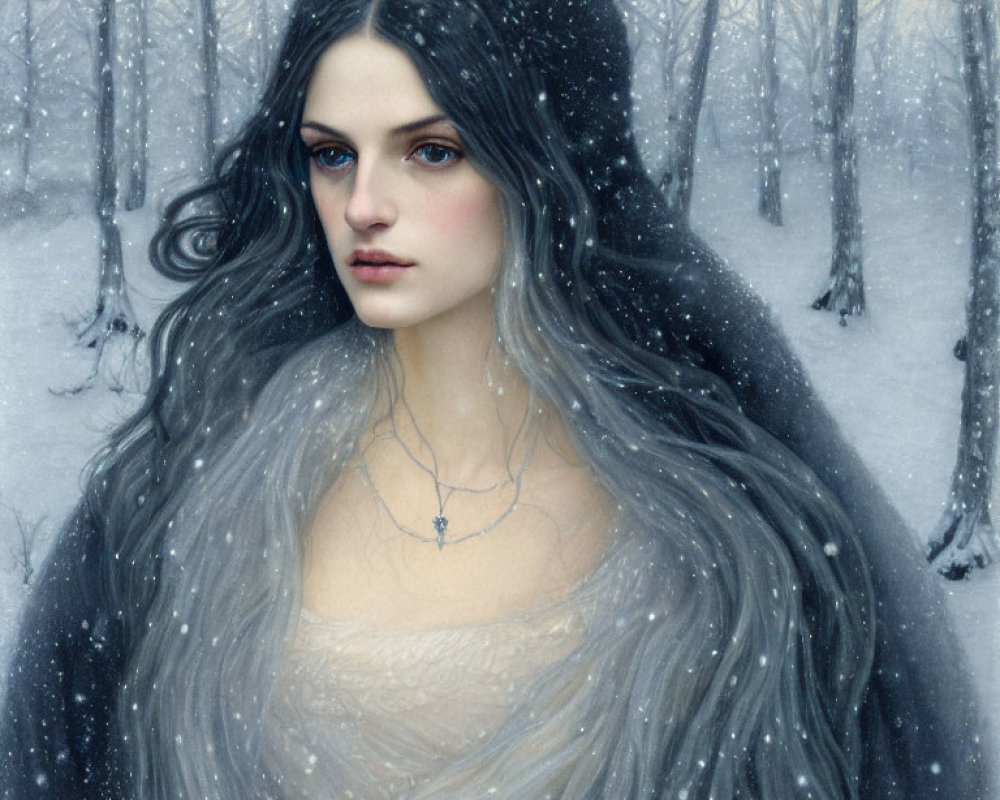 Dark-haired woman in snowy forest with piercing gaze