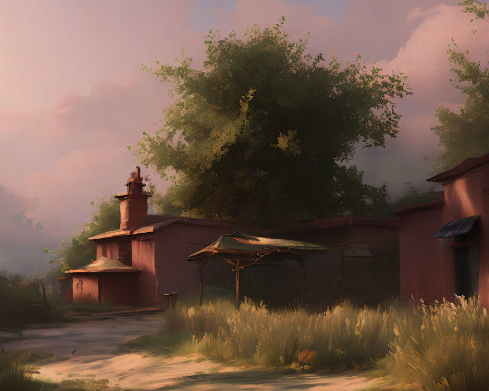 Tranquil rural painting with warm sky and quaint houses