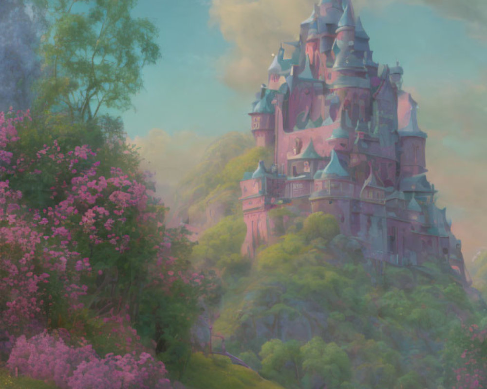 Pink castle on verdant hill surrounded by lush pink flora