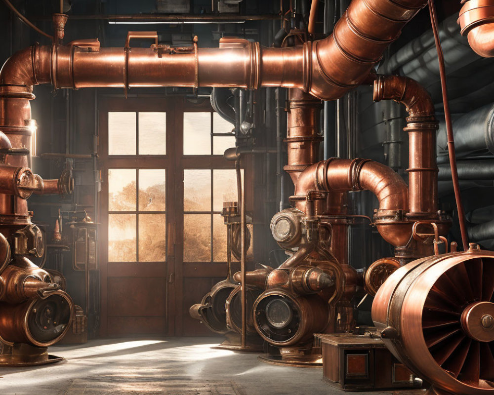 Industrial Interior with Large Copper Pipes and Machinery