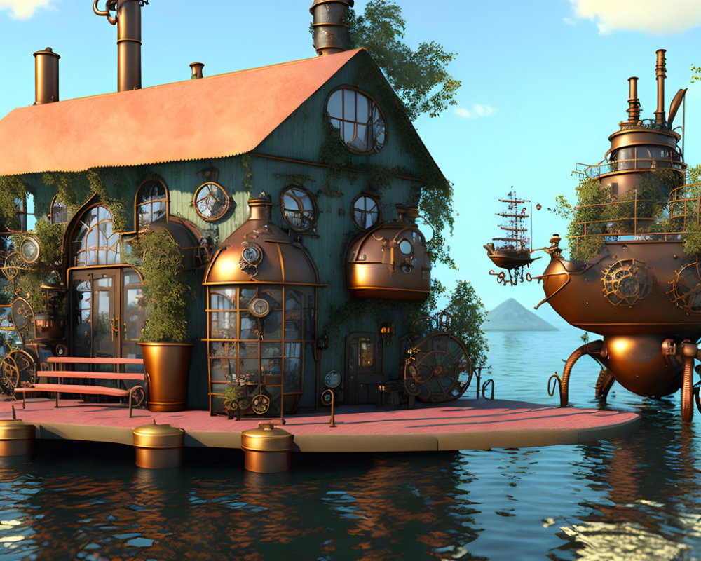 Whimsical steampunk house on water with ornate airships