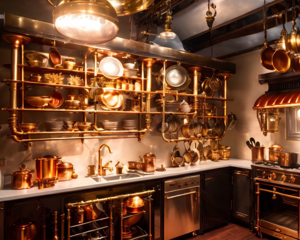 Kitchen with Copper Pots, Pendant Lights, Stainless Steel Appliances