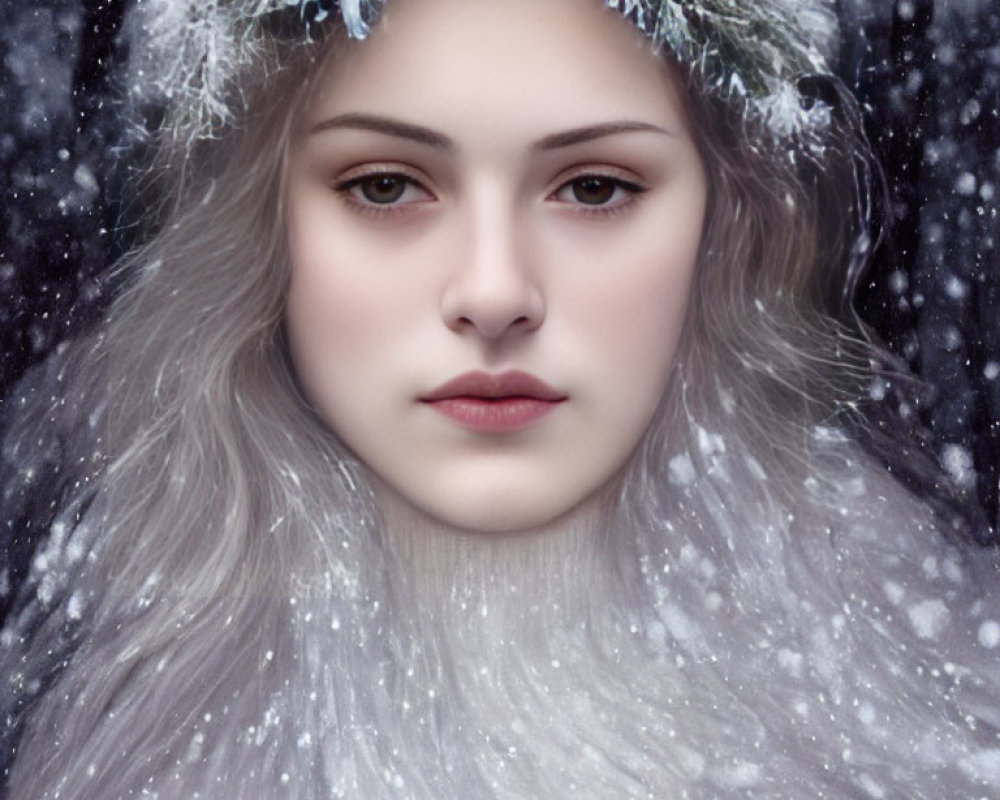 Winter-themed portrait of a woman with pine crown and snowflakes