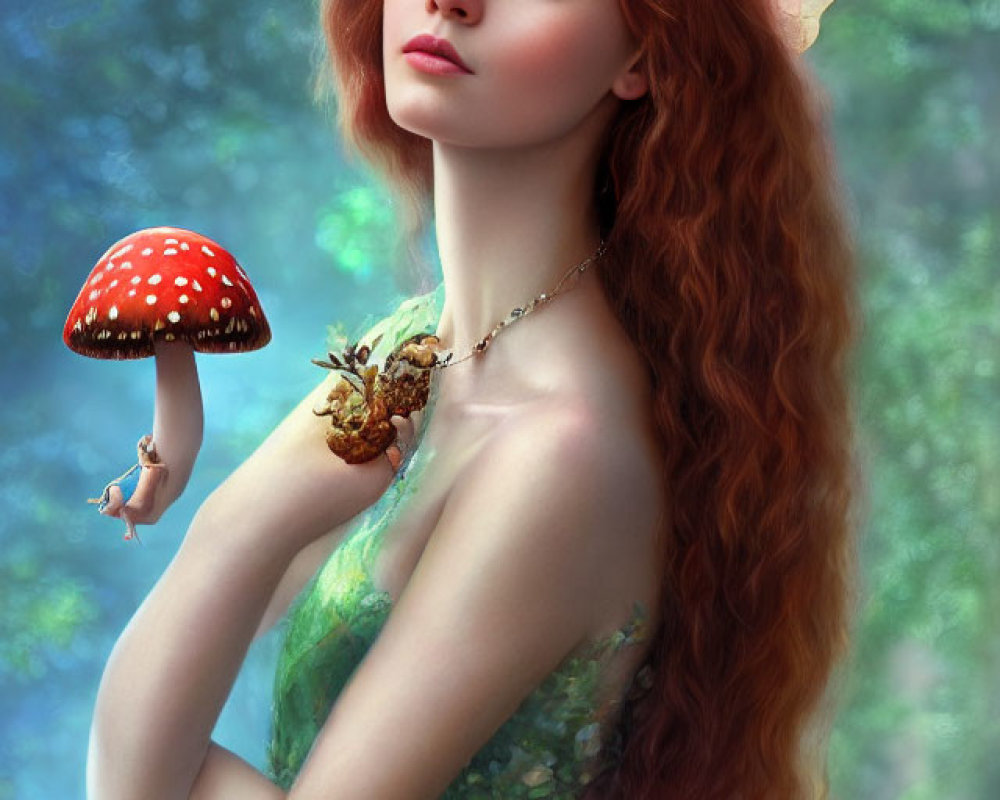 Red-haired fairy with translucent wings in green dress holding mushroom in mystical forest