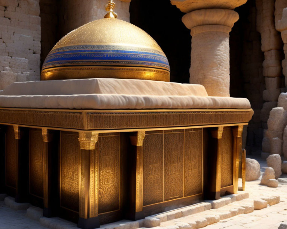 Golden-domed structure with intricate designs and blue band among ancient columns