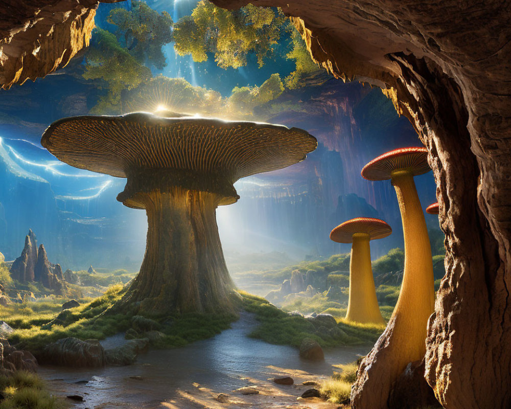 Fantastical cave with oversized mushrooms and glowing orbs in lush landscape