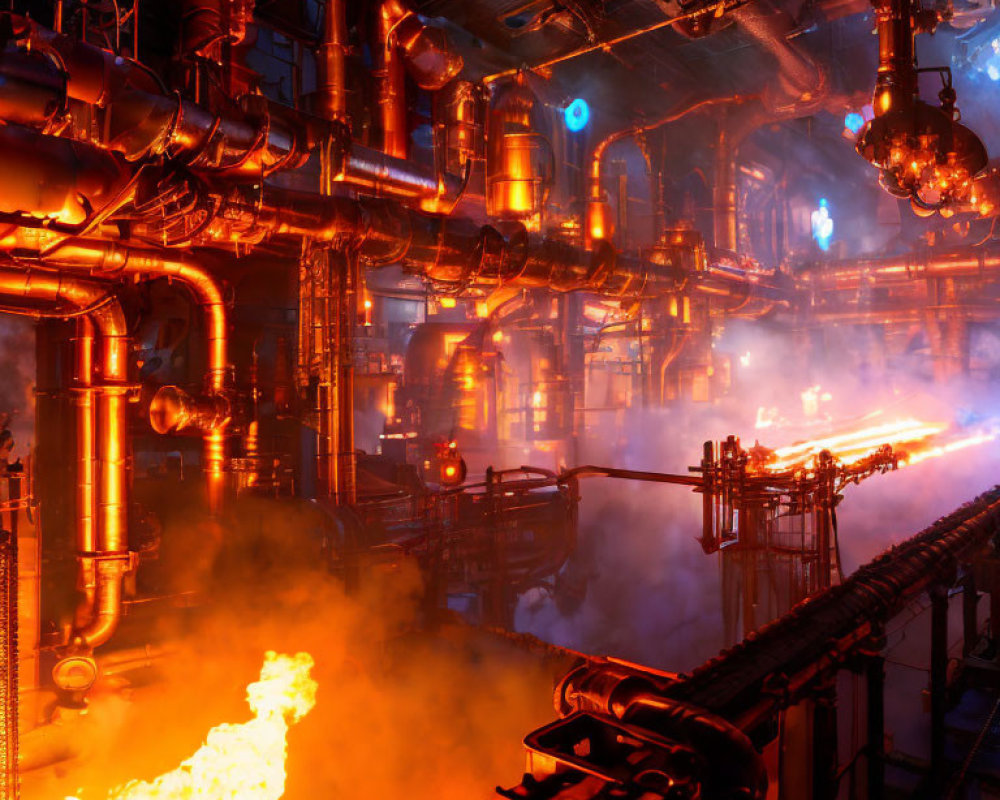 Dramatic industrial interior with fiery blast and intricate piping