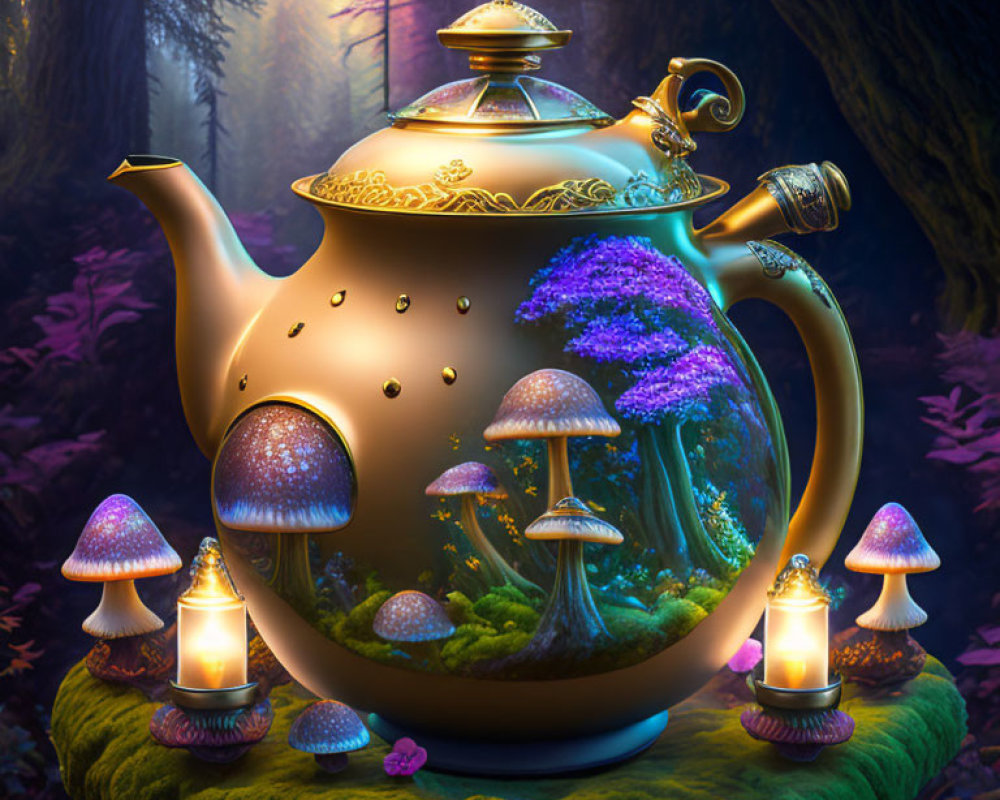 Glowing teapot in mystical forest with luminous mushrooms