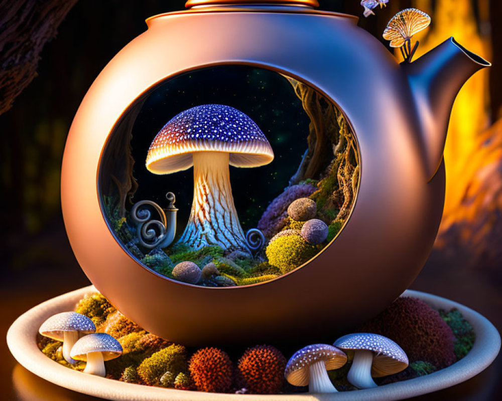 Whimsical teapot with forest and glowing mushrooms in enchanted night scene