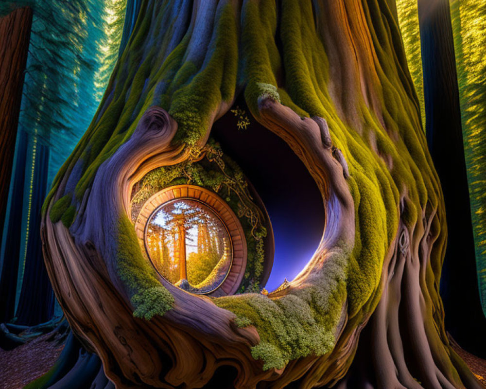 Enchanting sunlit forest scene through circular hollow tree opening