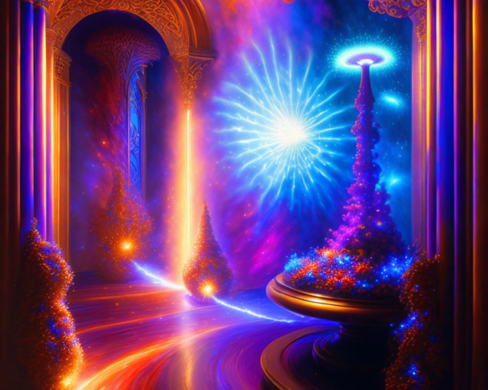 Surreal portal room with ornate columns and cosmic event