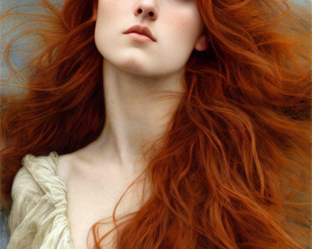 Portrait of Woman with Long Red Hair and Blue Eyes in Cream Dress