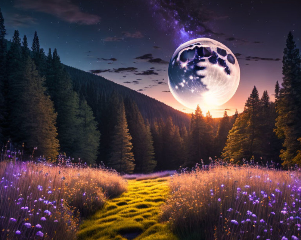 Vivid moon over twilight fantasy landscape with purple flowers