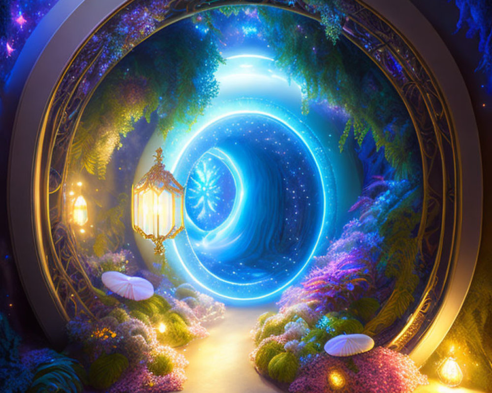 Circular portal with glowing edges amidst lush foliage, flowers, and vintage lanterns.