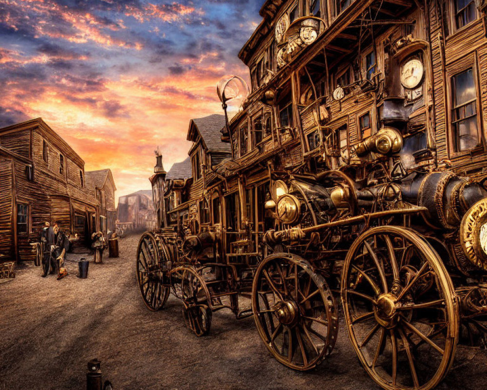 Steampunk vehicle with brass detailing in old-fashioned town at sunset