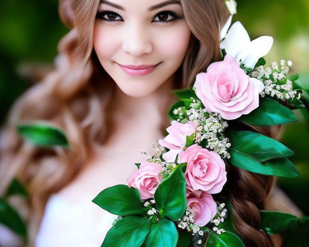 Smiling woman with floral headpiece and curly hair on green background