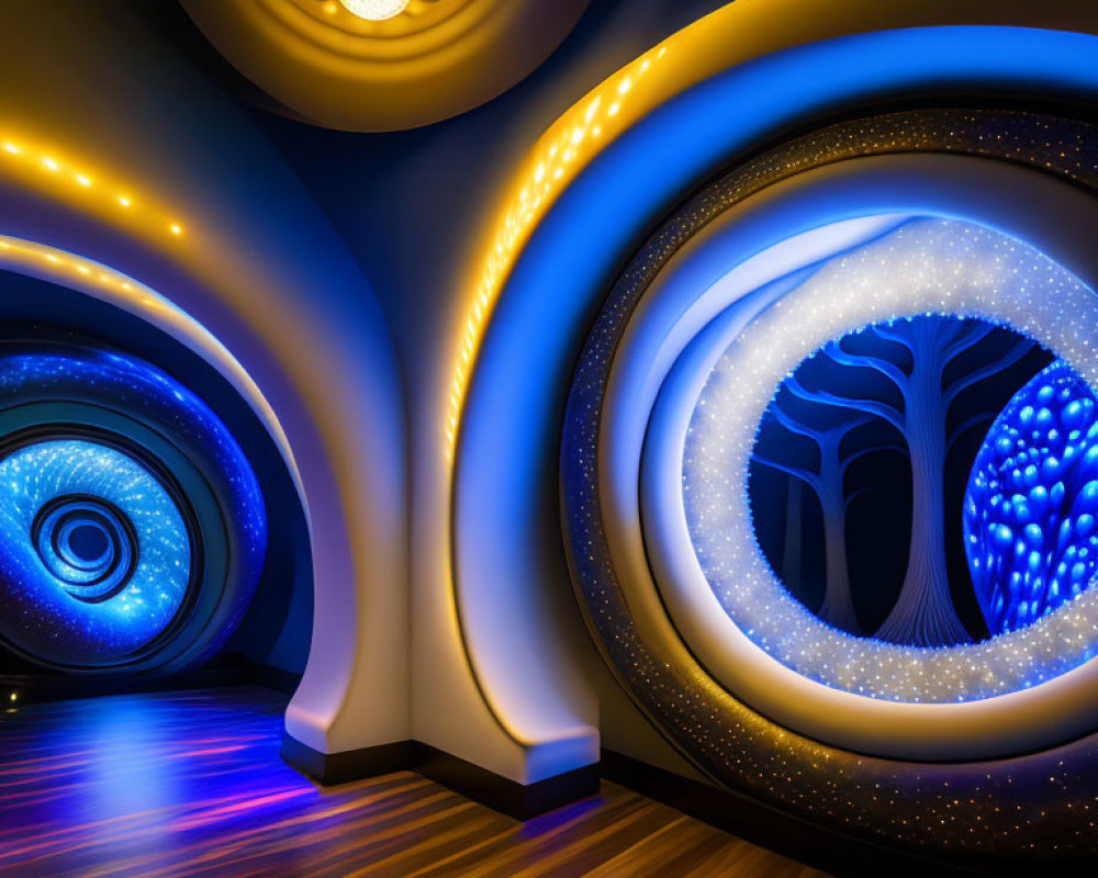 Futuristic tunnel with blue and golden light patterns and tree design