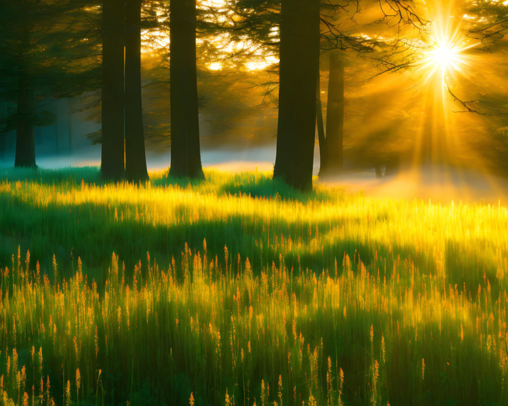 Serene forest scene with sunbeams and misty meadow