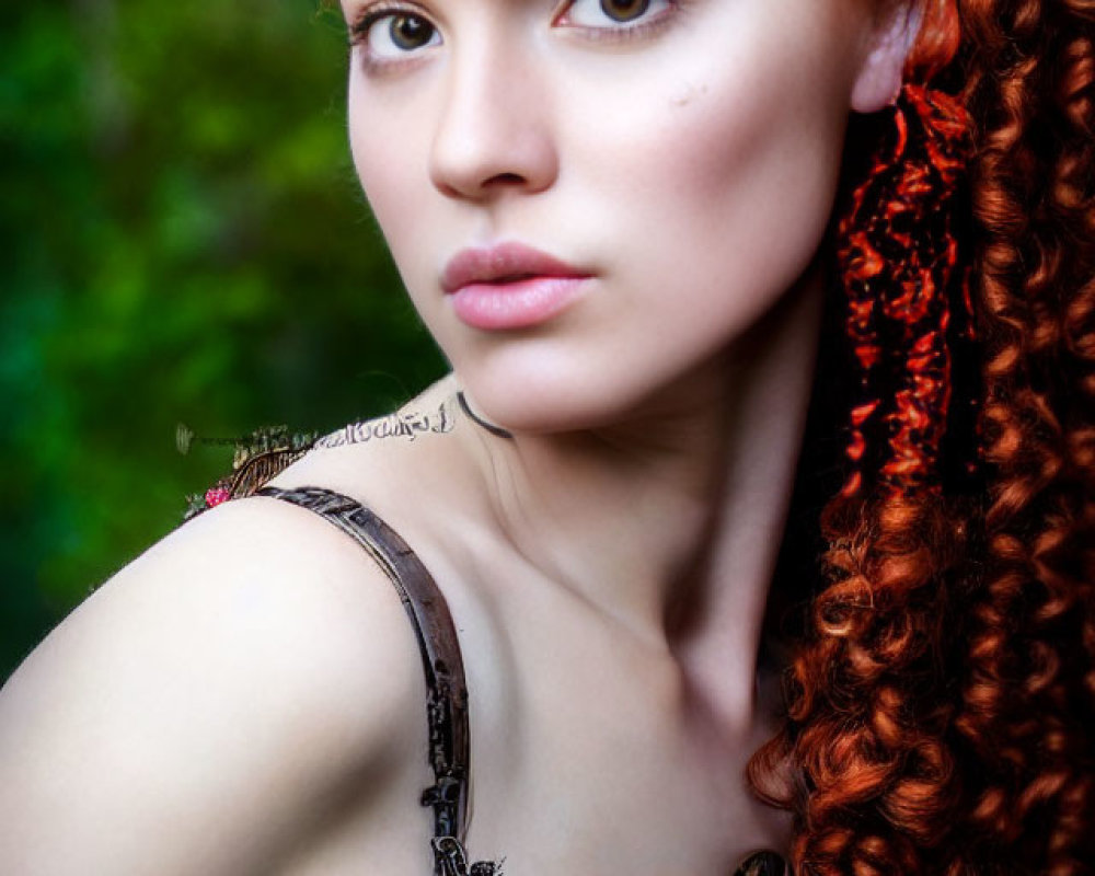 Vibrant red curly hair woman with ornate eyepiece in portrait.