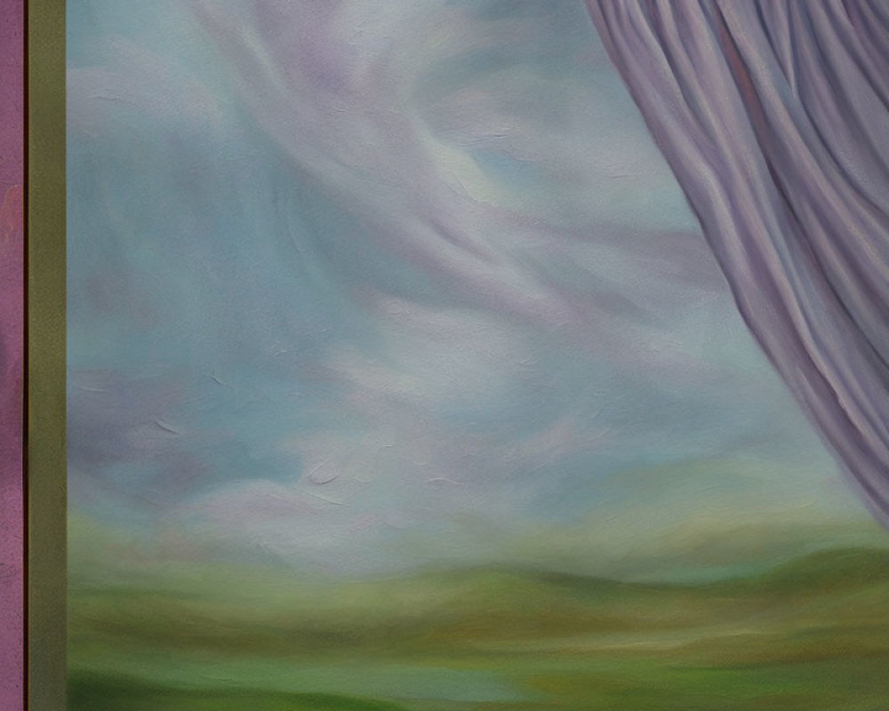 Abstract landscape painting with pastel sky and draped purple curtain.