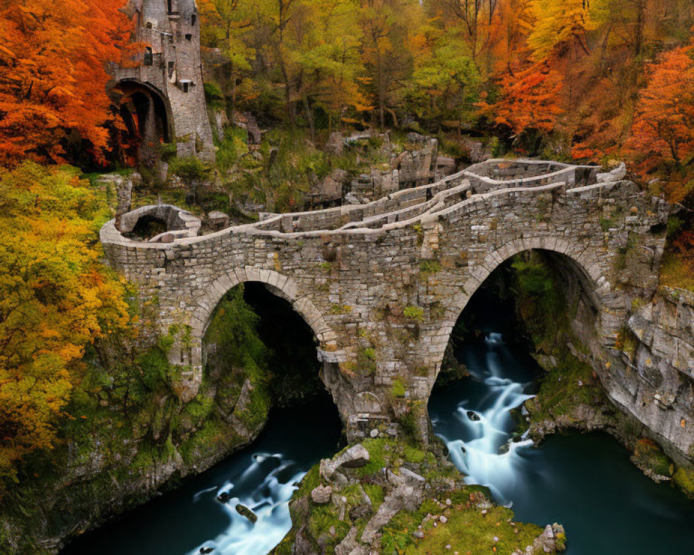 Ancient stone bridge with dual arches over river in autumn setting.