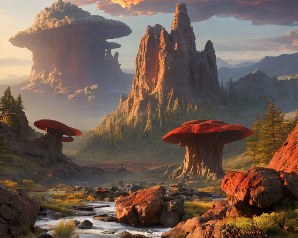 Fantastical landscape with mushroom-shaped rock formations and stream under sunset sky